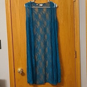 Lularoe Joy Lace Vest Duster Teal Blue Floral Sleeveless Open Front Small